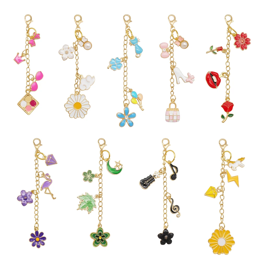 6/9Pcs Cute Lip Balm Charms Keychain with Flower Sea Life Cherry Dangle-Metal Lip Gloss Pendant Key Bag Phone Case Hanging Decor