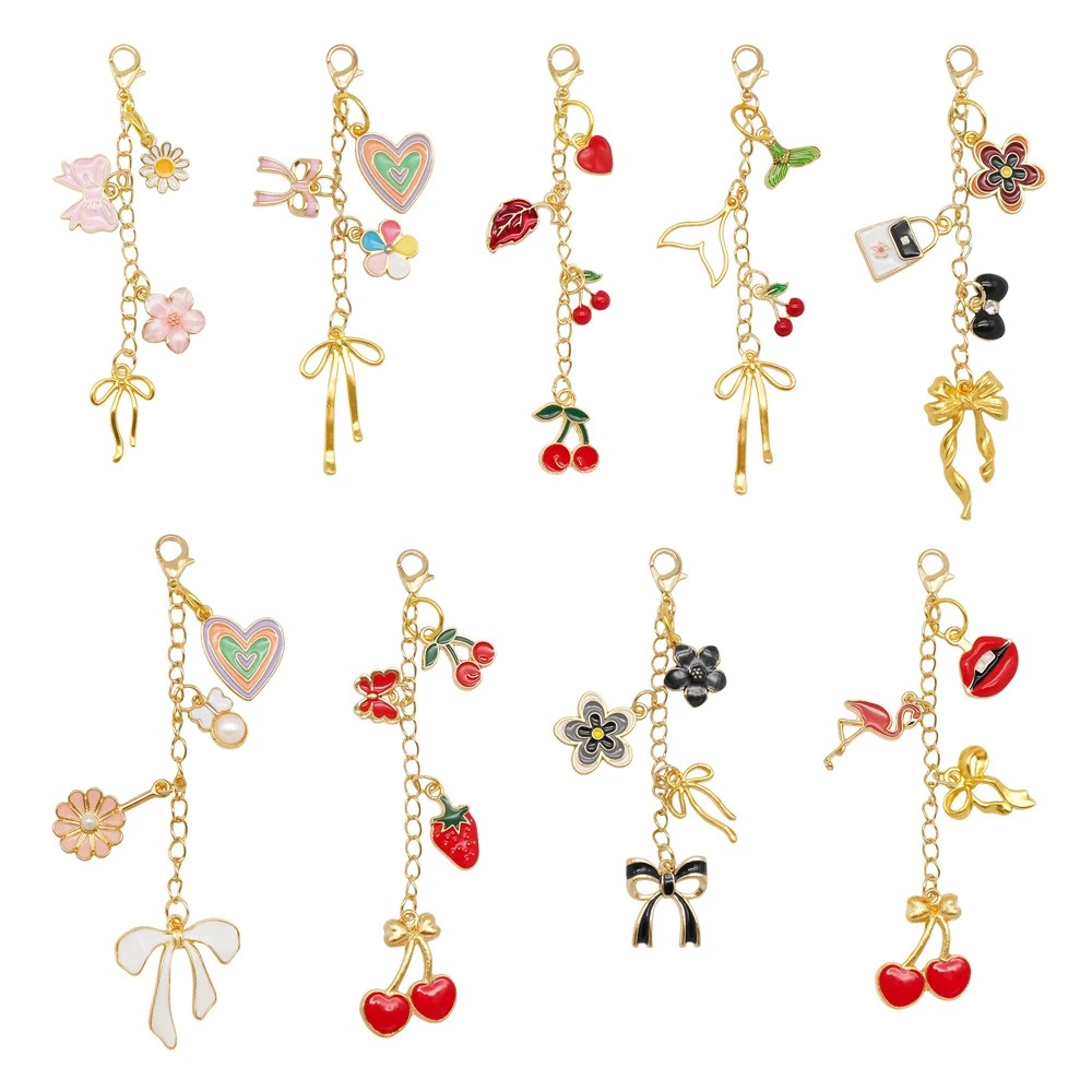 6/9Pcs Cute Lip Balm Charms Keychain with Flower Sea Life Cherry Dangle-Metal Lip Gloss Pendant Key Bag Phone Case Hanging Decor