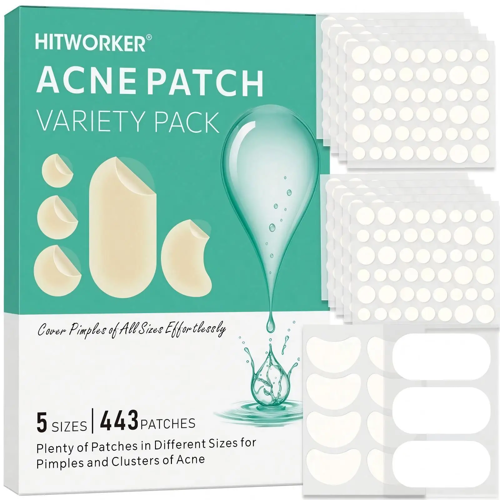 443pcs Hydrocolloid Acne Patches 5 Sizes Face Nose Back, Transparent Stickers Cover & Conceal, Cleanse Skin