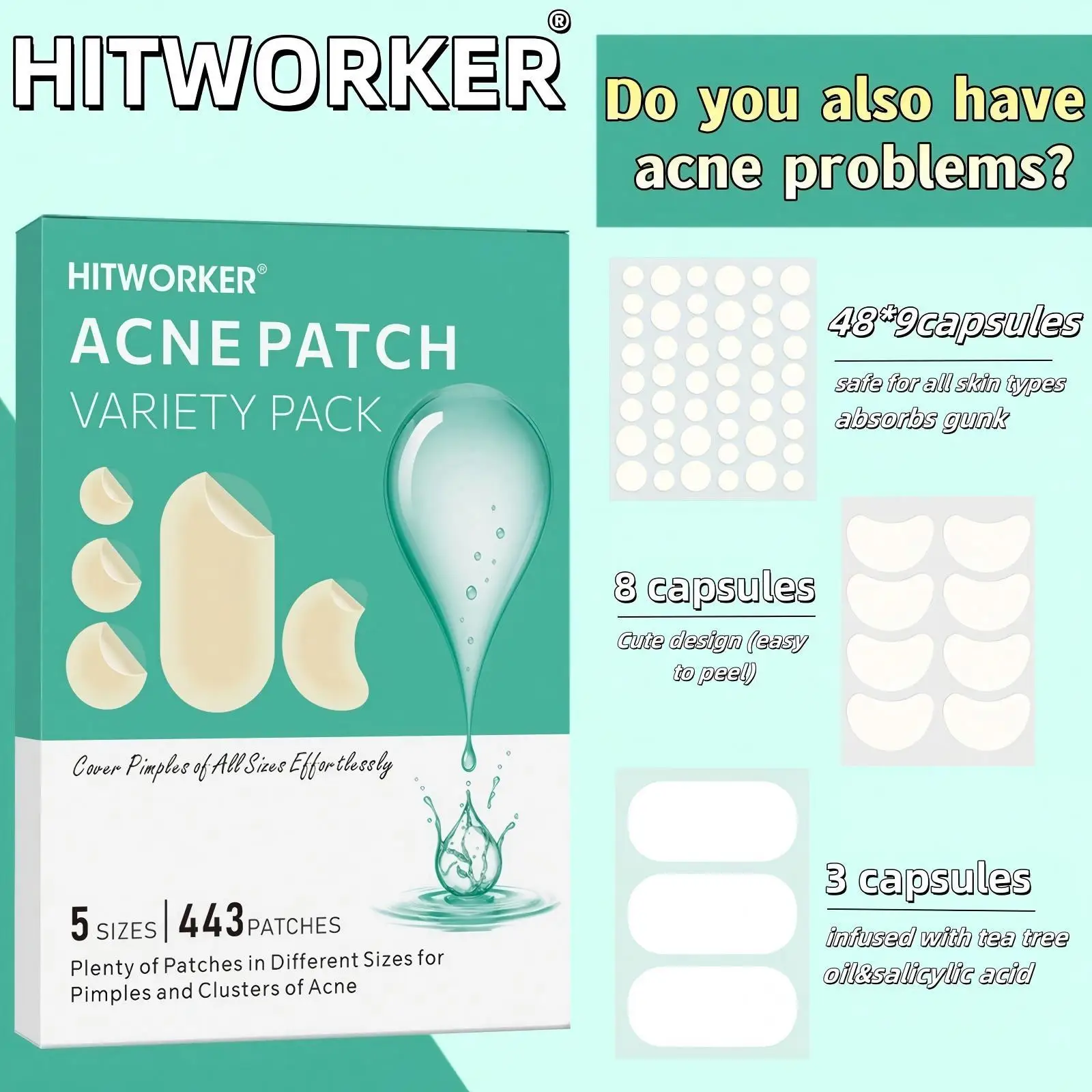 443pcs Hydrocolloid Acne Patches 5 Sizes Face Nose Back, Transparent Stickers Cover & Conceal, Cleanse Skin