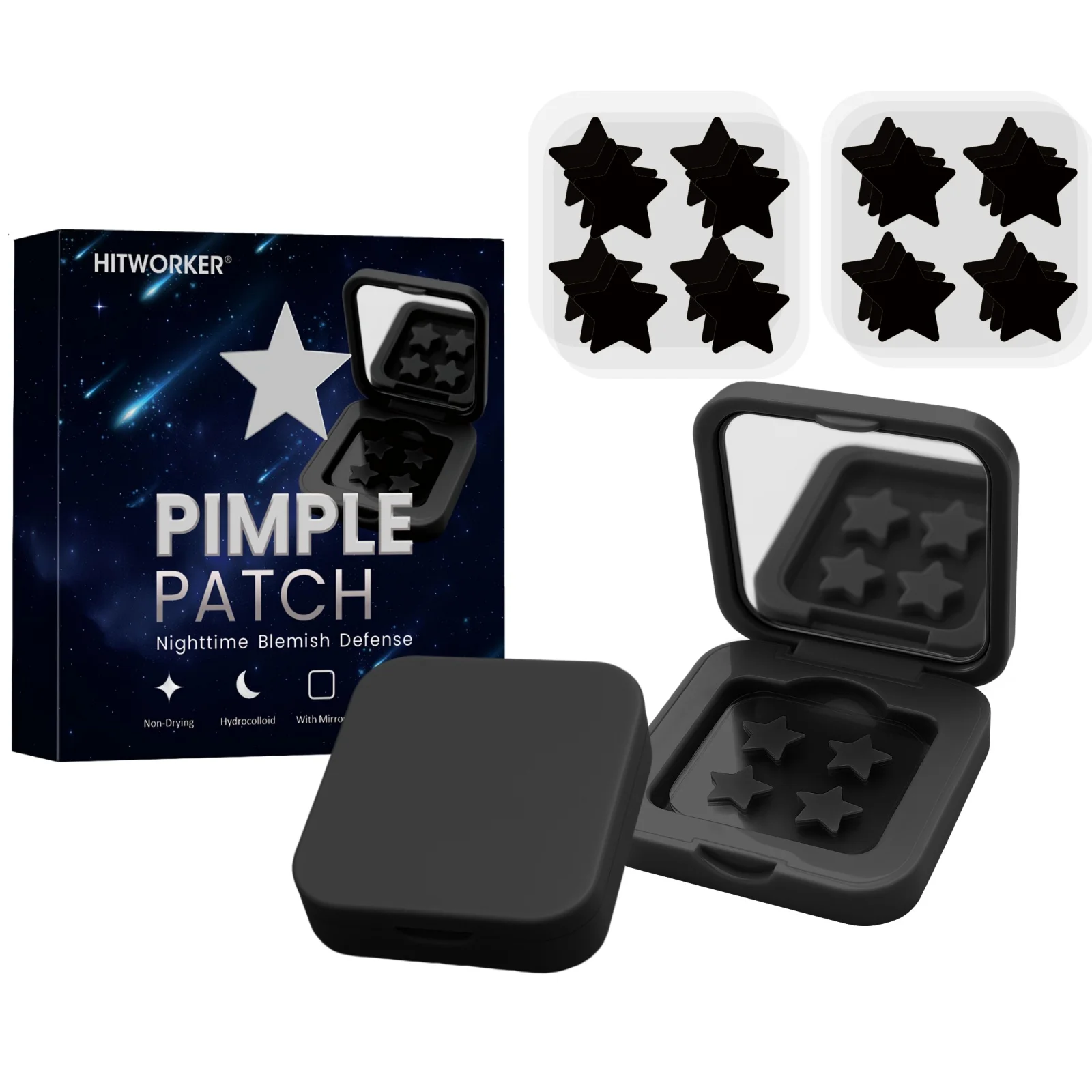 60-Piece Mirror-Boxed Star-Shaped Black Acne Patches – Hydrocolloid, Concealing, Lightweight and Pore-Cleansing