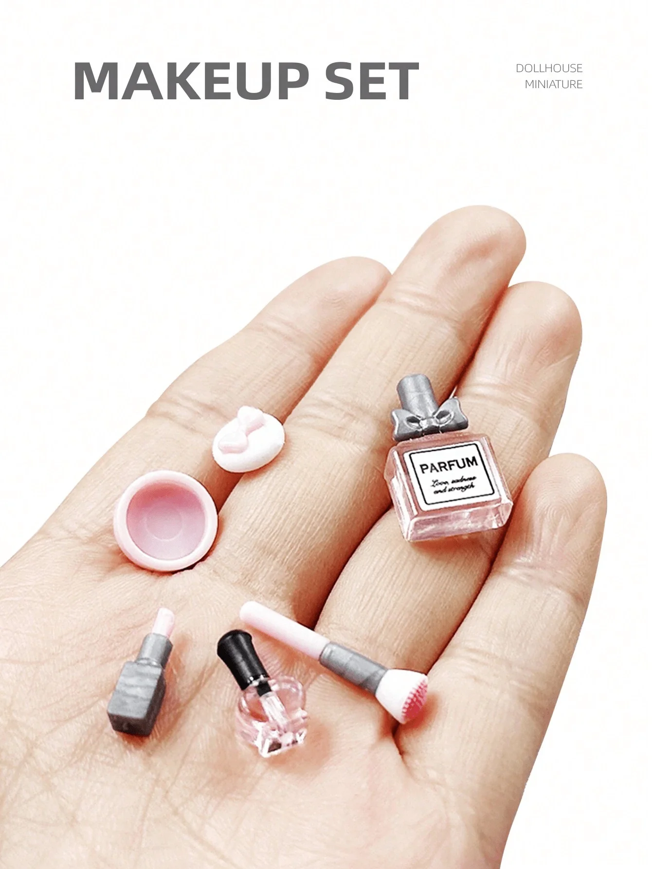 5 Pcs/Set Dollhouse Miniature Makeup Set: 1/12 Scale Mini Simulated Lipstick, Perfume, Puff, Nail Polish & Makeup Brush Model Ac