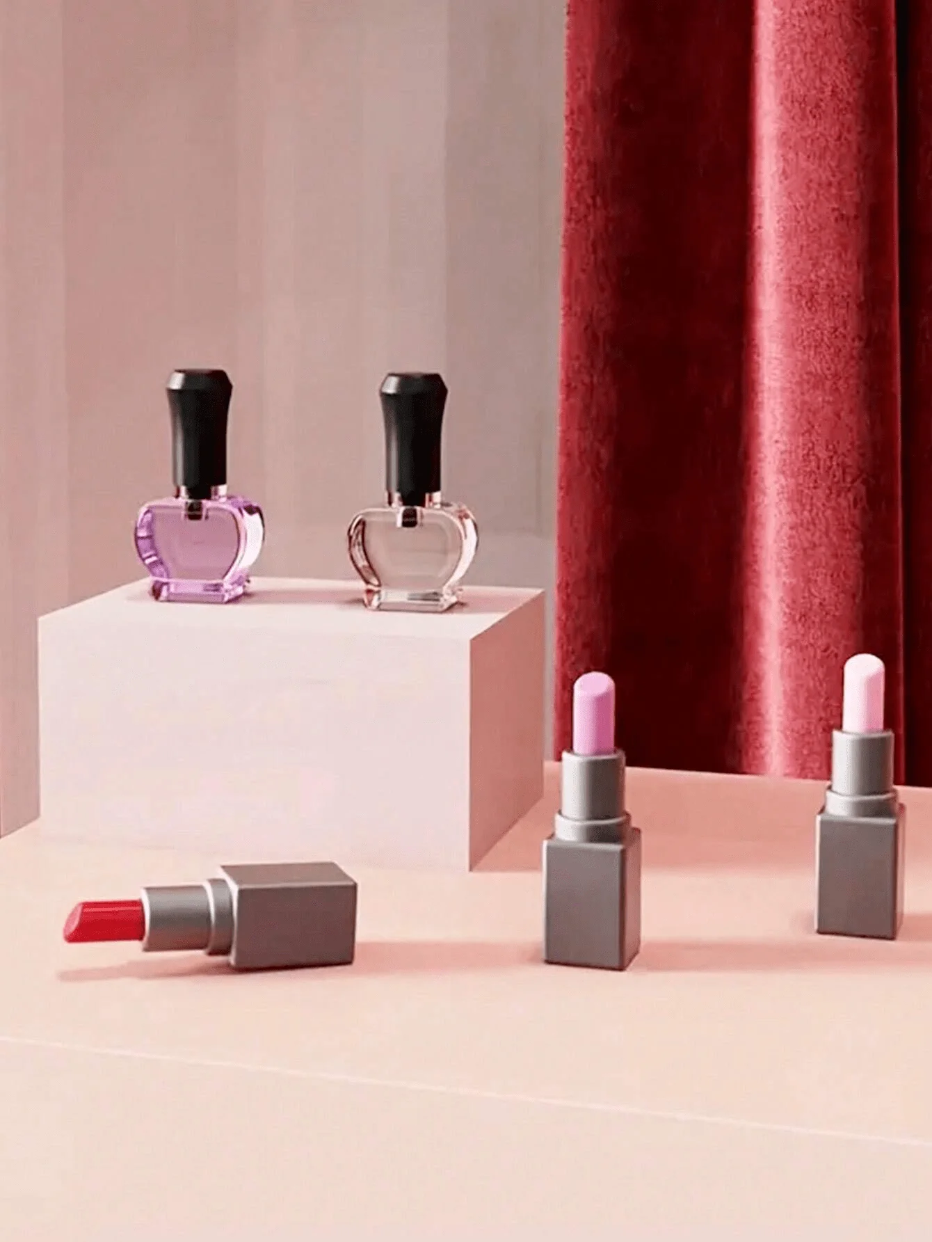 5 Pcs/Set Dollhouse Miniature Makeup Set: 1/12 Scale Mini Simulated Lipstick, Perfume, Puff, Nail Polish & Makeup Brush Model Ac