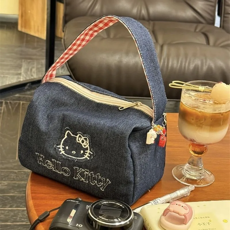 Kawaii Hello Kitty Denim Tote Bag Vintage Ins Style Large Capacity Portable Handbag for Women Travel Makeup Cosmetic Bag