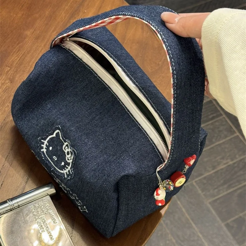 Kawaii Hello Kitty Denim Tote Bag Vintage Ins Style Large Capacity Portable Handbag for Women Travel Makeup Cosmetic Bag