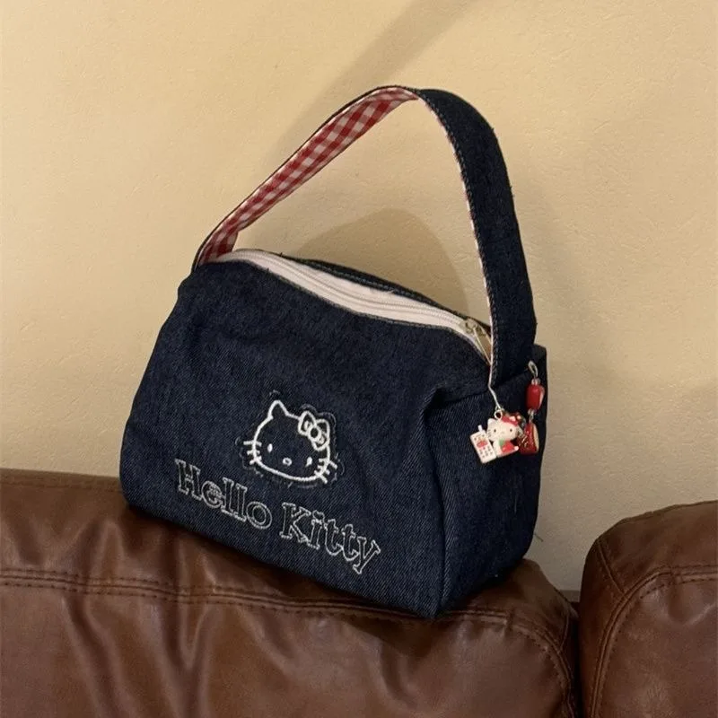 Kawaii Hello Kitty Denim Tote Bag Vintage Ins Style Large Capacity Portable Handbag for Women Travel Makeup Cosmetic Bag