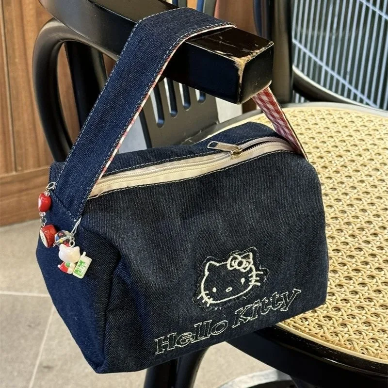 Kawaii Hello Kitty Denim Tote Bag Vintage Ins Style Large Capacity Portable Handbag for Women Travel Makeup Cosmetic Bag