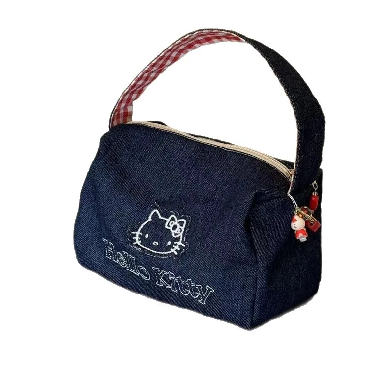 Kawaii Hello Kitty Denim Tote Bag Vintage Ins Style Large Capacity Portable Handbag for Women Travel Makeup Cosmetic Bag