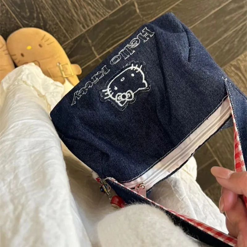 Kawaii Hello Kitty Denim Tote Bag Vintage Ins Style Large Capacity Portable Handbag for Women Travel Makeup Cosmetic Bag