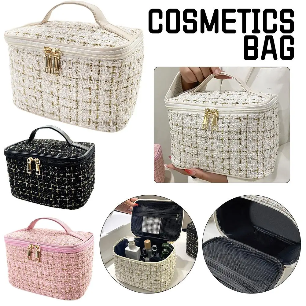 Women New Makeup Bag Korean Knitted Style Portable Plaid Small Fragrance Large Capacity Toiletry Storage Box Travel Fashionable