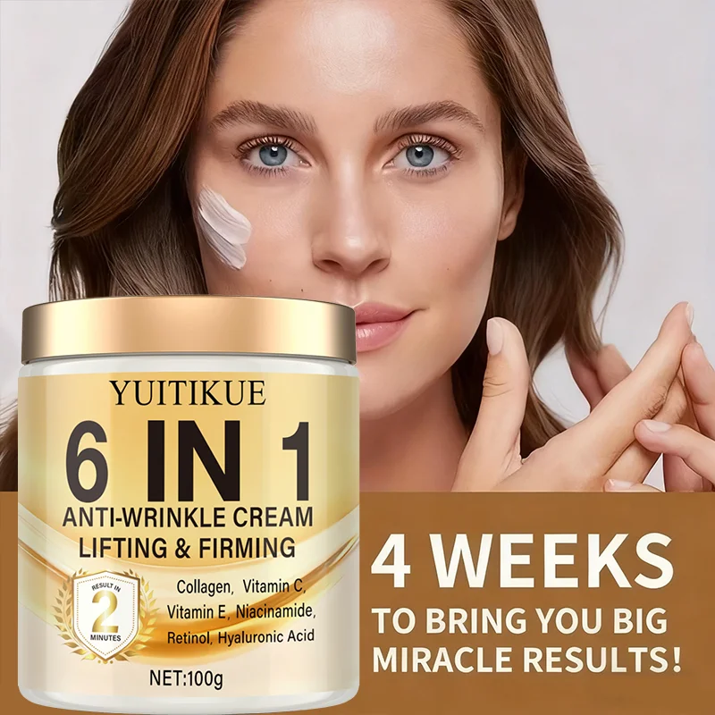6-in-1 Anti-Wrinkle Cream: Deeply moisturizes, firms the skin, contains Vitamins C and E, retinol, and hyaluronic acid.