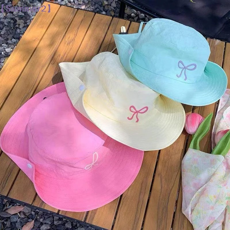 【Xia2】Candy Color Bow Embroidery Quick Dry Bucket Hat Summer Fashion Wide Brim Fordable Sunscreen Caps Y2K Girl Women{S}
