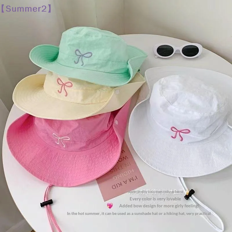 【Xia2】Candy Color Bow Embroidery Quick Dry Bucket Hat Summer Fashion Wide Brim Fordable Sunscreen Caps Y2K Girl Women{S}