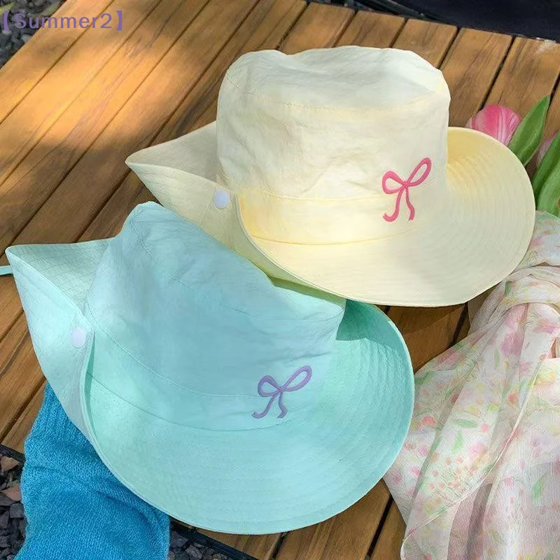 【Xia2】Candy Color Bow Embroidery Quick Dry Bucket Hat Summer Fashion Wide Brim Fordable Sunscreen Caps Y2K Girl Women{S}