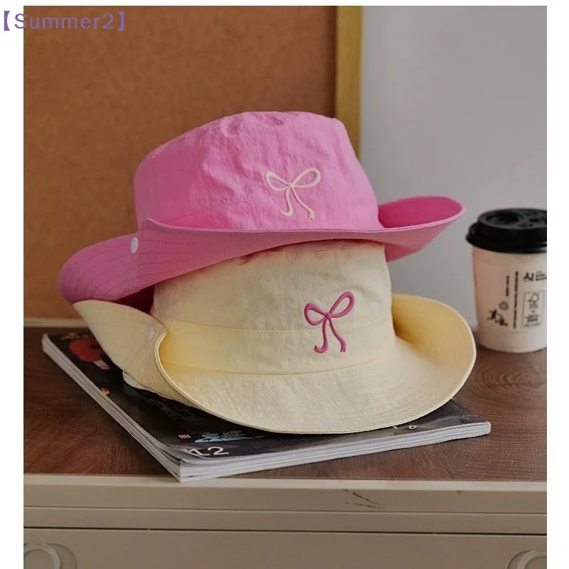 【Xia2】Candy Color Bow Embroidery Quick Dry Bucket Hat Summer Fashion Wide Brim Fordable Sunscreen Caps Y2K Girl Women{S}