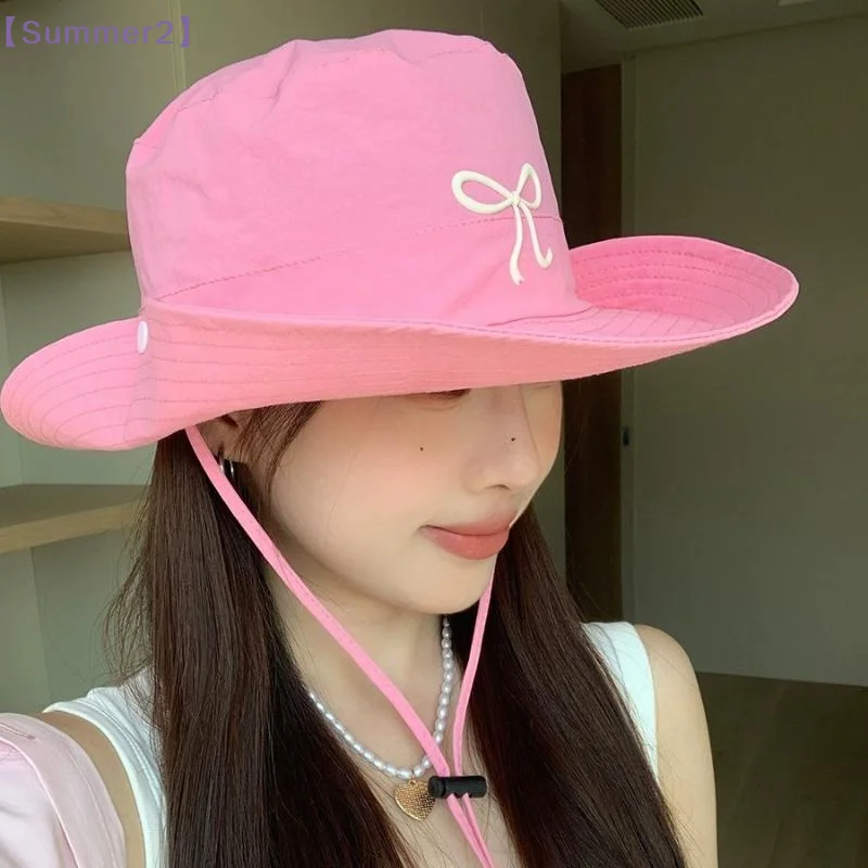 【Xia2】Candy Color Bow Embroidery Quick Dry Bucket Hat Summer Fashion Wide Brim Fordable Sunscreen Caps Y2K Girl Women{S}