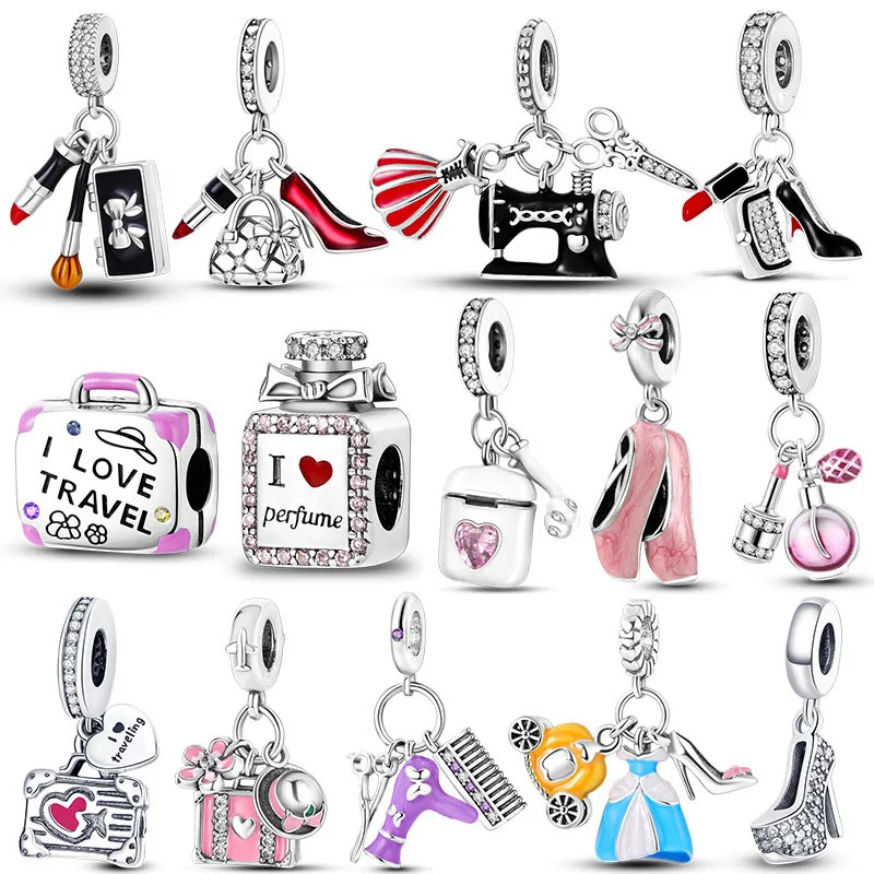 925 Silver Lipstick High Heels Charms For Lady Pendant Fit Original Bracelet DIY Ornament