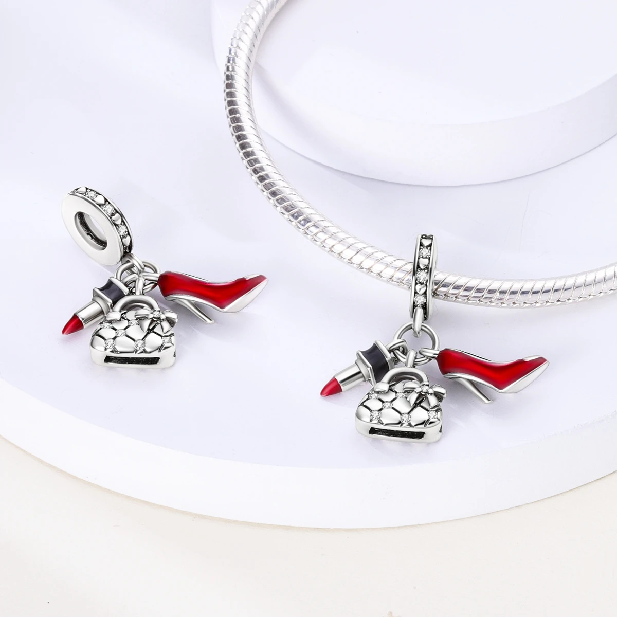 925 Silver Lipstick High Heels Charms For Lady Pendant Fit Original Bracelet DIY Ornament