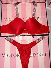 Victorias Secret Bra Bombshell Shine Strap 32B Small Satin Thong Lipstick Red