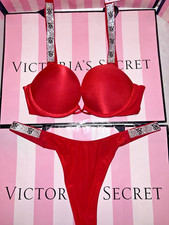 Victorias Secret Bra Bombshell Shine Strap 32B Small Satin Thong Lipstick Red