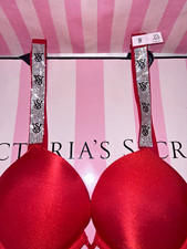 Victorias Secret Bra Bombshell Shine Strap 32B Small Satin Thong Lipstick Red