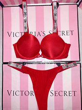 Victorias Secret Bra Bombshell Shine Strap 32B Small Satin Thong Lipstick Red