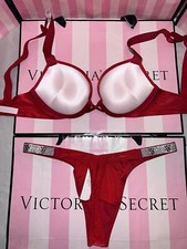 Victorias Secret Bra Bombshell Shine Strap 32B Small Satin Thong Lipstick Red
