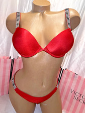 Victorias Secret Bra Bombshell Shine Strap 32B Small Satin Thong Lipstick Red