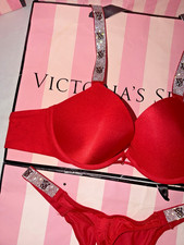 Victorias Secret Bra Bombshell Shine Strap 32B Small Satin Thong Lipstick Red