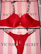Victorias Secret Bra Bombshell Shine Strap 32B Small Satin Thong Lipstick Red