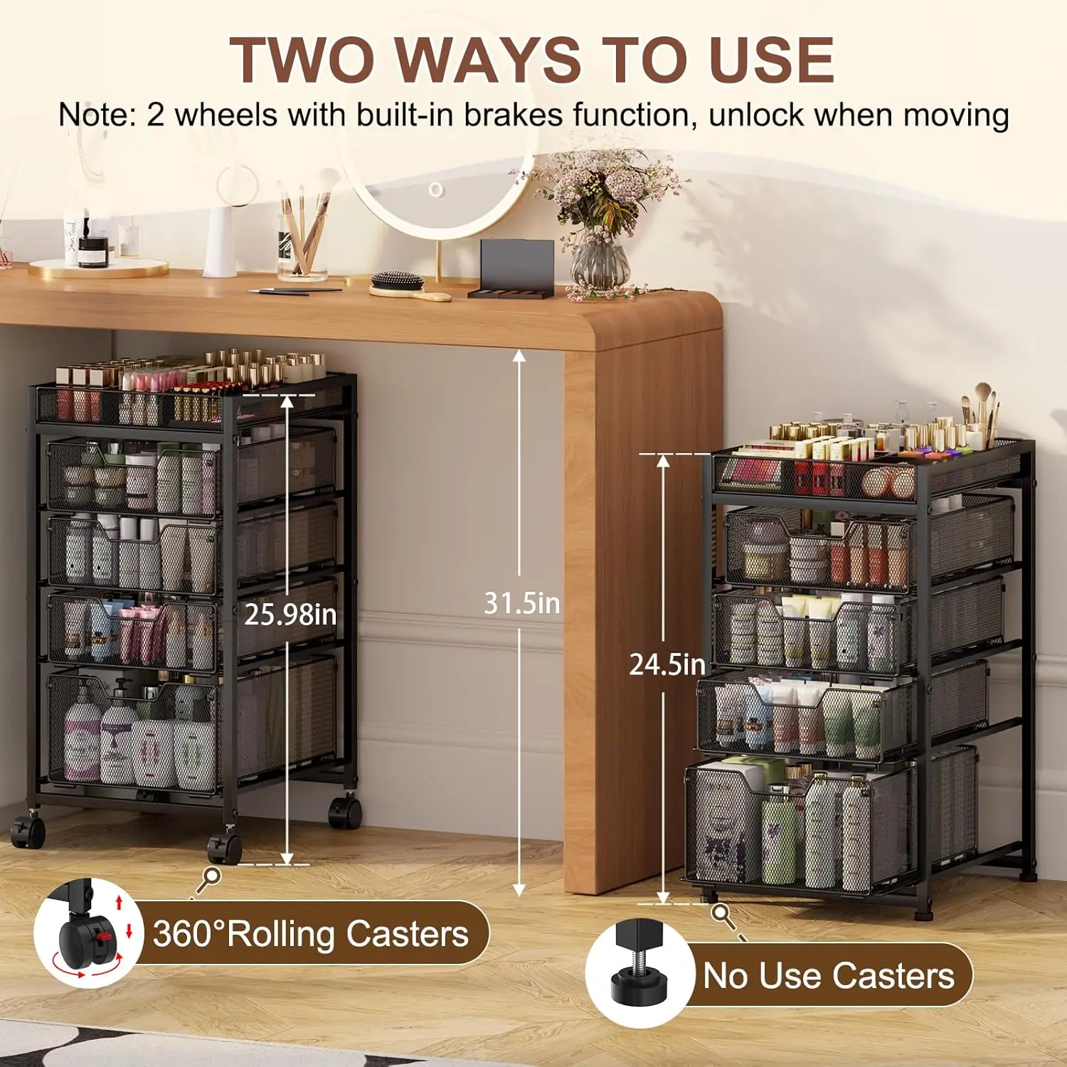 5-Tier Rolling Makeup Cart with 4 Drawers, Adjustable Dividers, Lockable Wheels for Cosmetics Storage