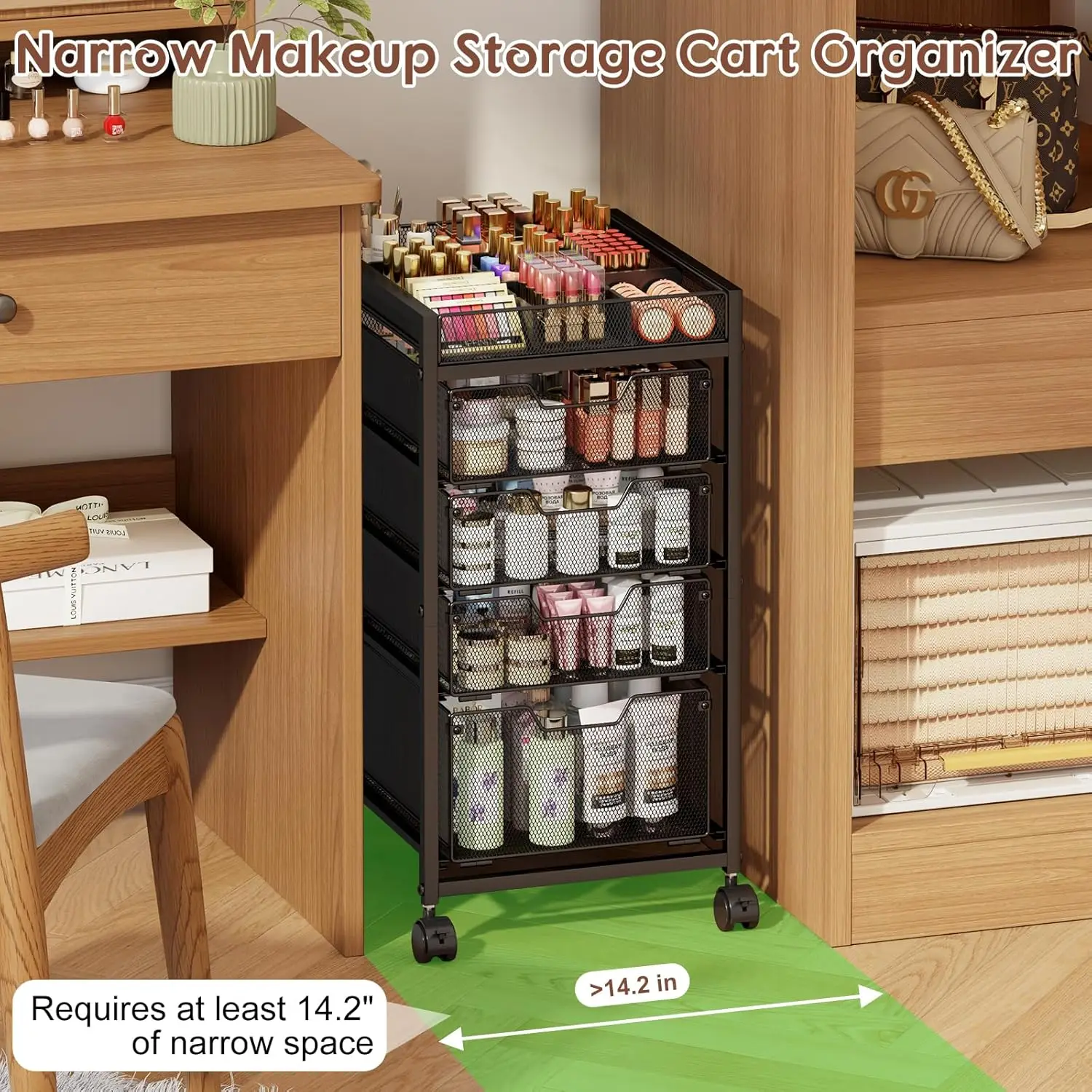 5-Tier Rolling Makeup Cart with 4 Drawers, Adjustable Dividers, Lockable Wheels for Cosmetics Storage