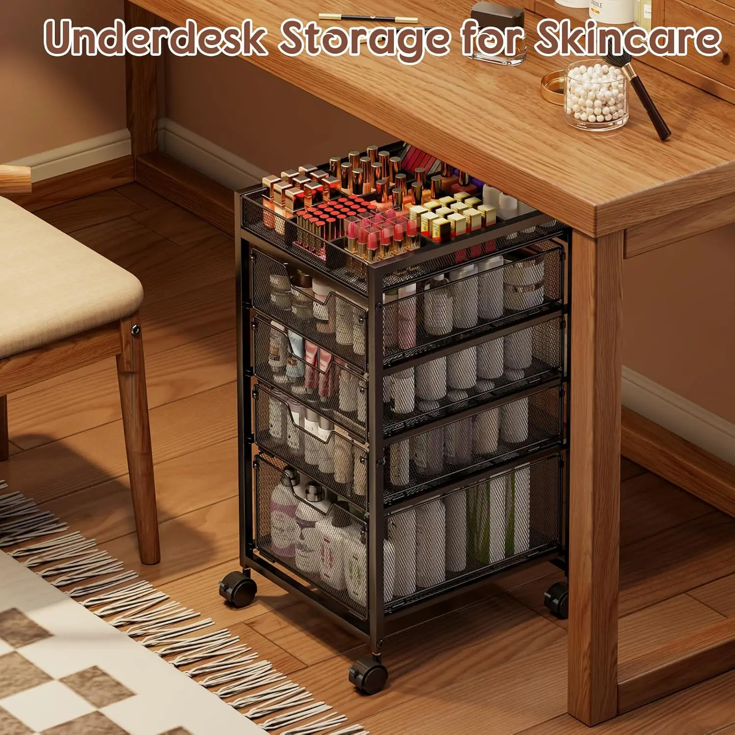 5-Tier Rolling Makeup Cart with 4 Drawers, Adjustable Dividers, Lockable Wheels for Cosmetics Storage