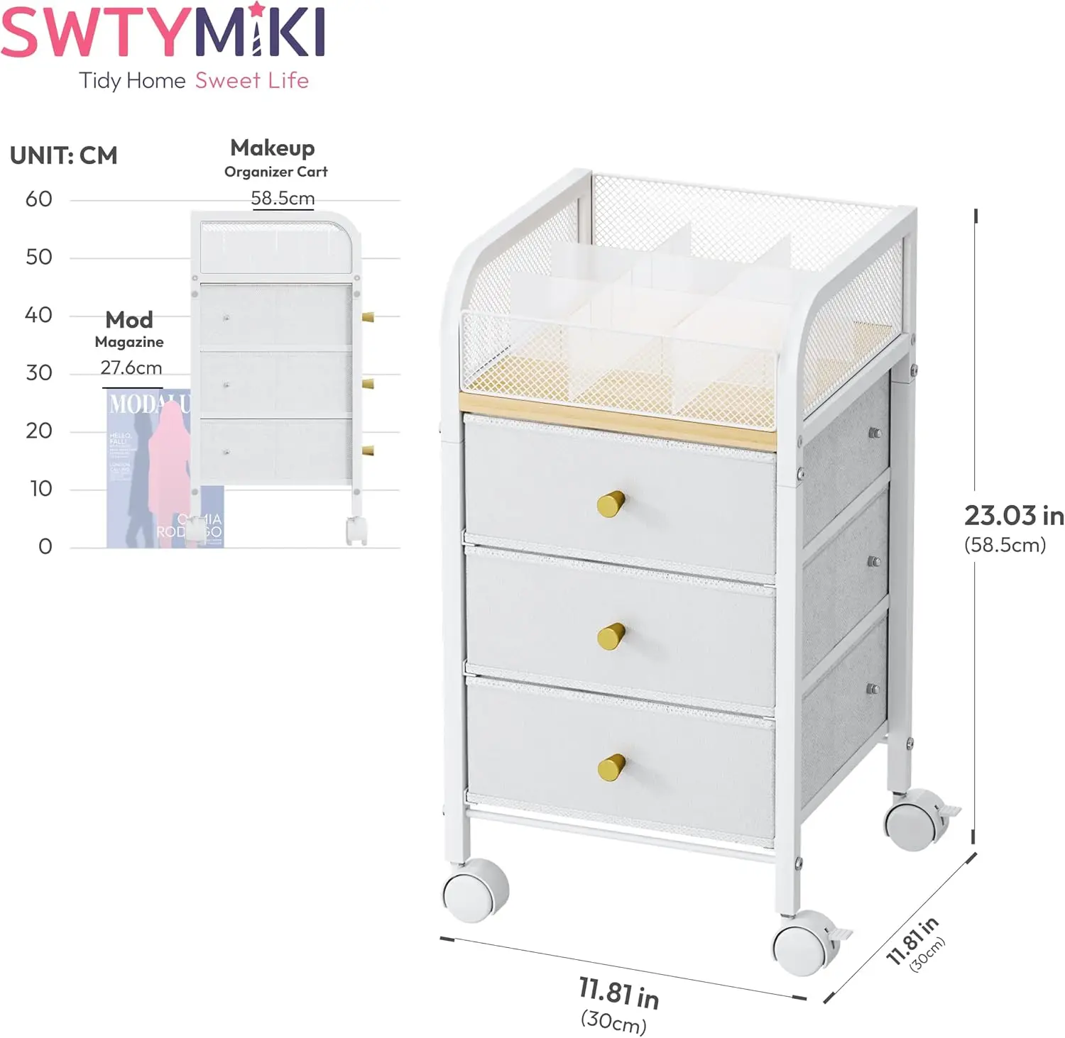 Rolling Makeup Organizer Cart with 3 Drawers and Lockable Wheels for Skincare, Cosmetics, and Hair Tools