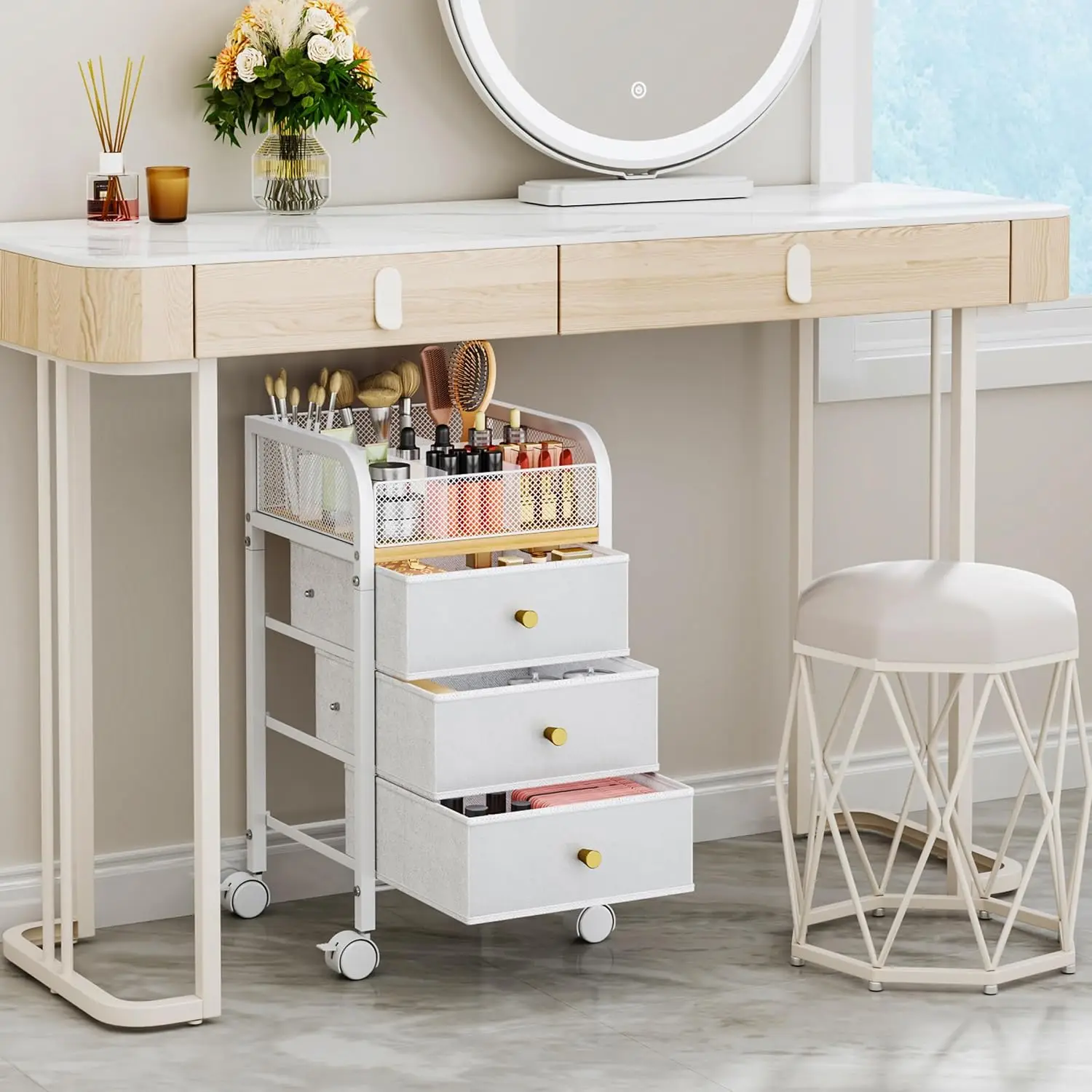 Rolling Makeup Organizer Cart with 3 Drawers and Lockable Wheels for Skincare, Cosmetics, and Hair Tools