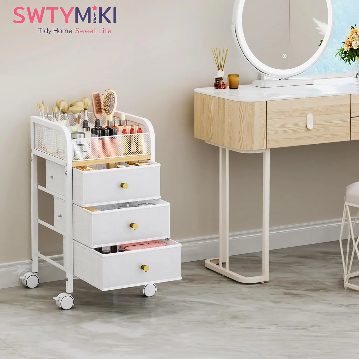 Rolling Makeup Organizer Cart with 3 Drawers and Lockable Wheels for Skincare, Cosmetics, and Hair Tools