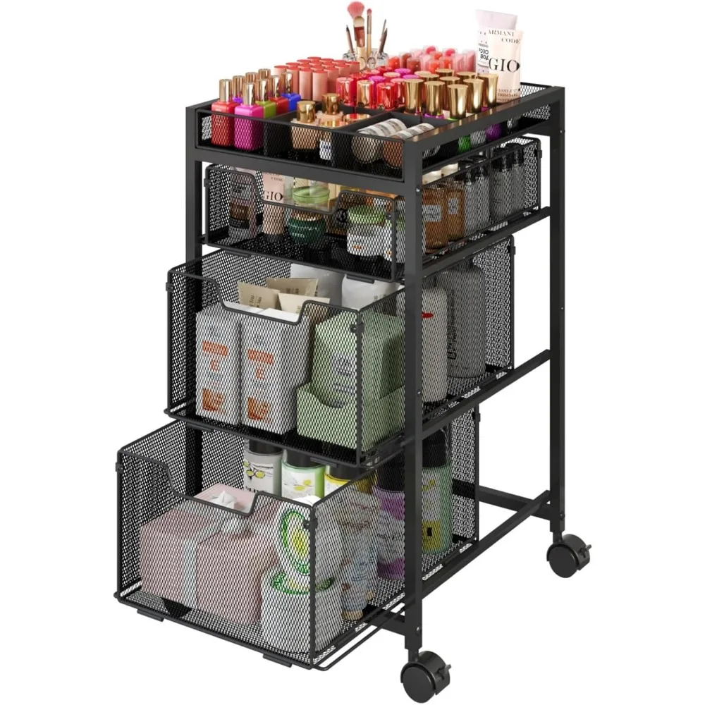 3-Drawer Rolling Makeup Cart with Dividers and Wheels, Versatile Vanity Organizer for Cosmetics and Tools, Black