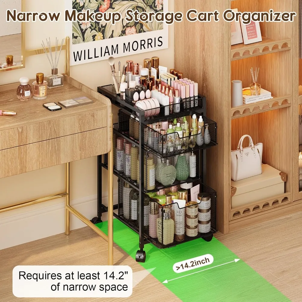 3-Drawer Rolling Makeup Cart with Dividers and Wheels, Versatile Vanity Organizer for Cosmetics and Tools, Black