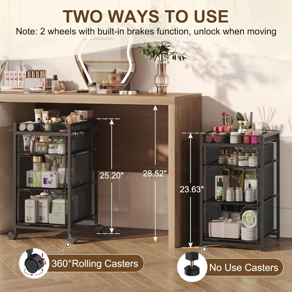 3-Drawer Rolling Makeup Cart with Dividers and Wheels, Versatile Vanity Organizer for Cosmetics and Tools, Black