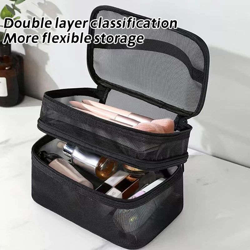 Travel Mesh Wash Storage Bag Makeup Organizer Cosmetics Make Up Skincare Box Plastic Container Handbag For Women Men Bathroom