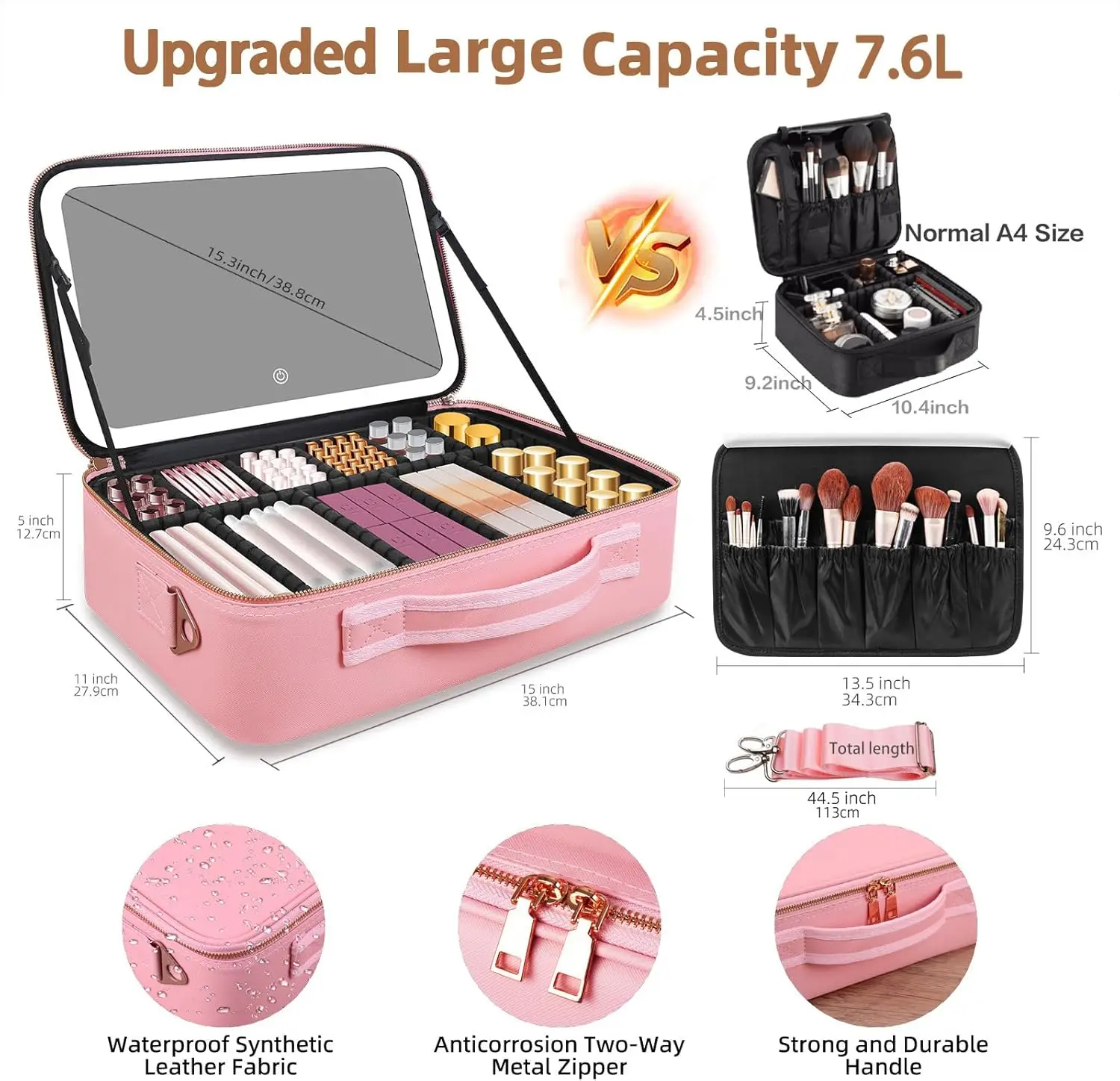 Large Capacity Makeup Bag 15''X11'' with LED Mirror 3 Color Light Makeup Case Organizer Travel Cosmetic Bag