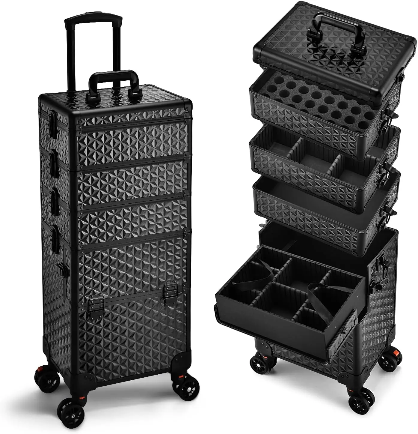 5-in-1 Rolling Makeup Case with Removable Trays, 360° Wheels & Lockable Storage - Large Black Cosmetic Organizer