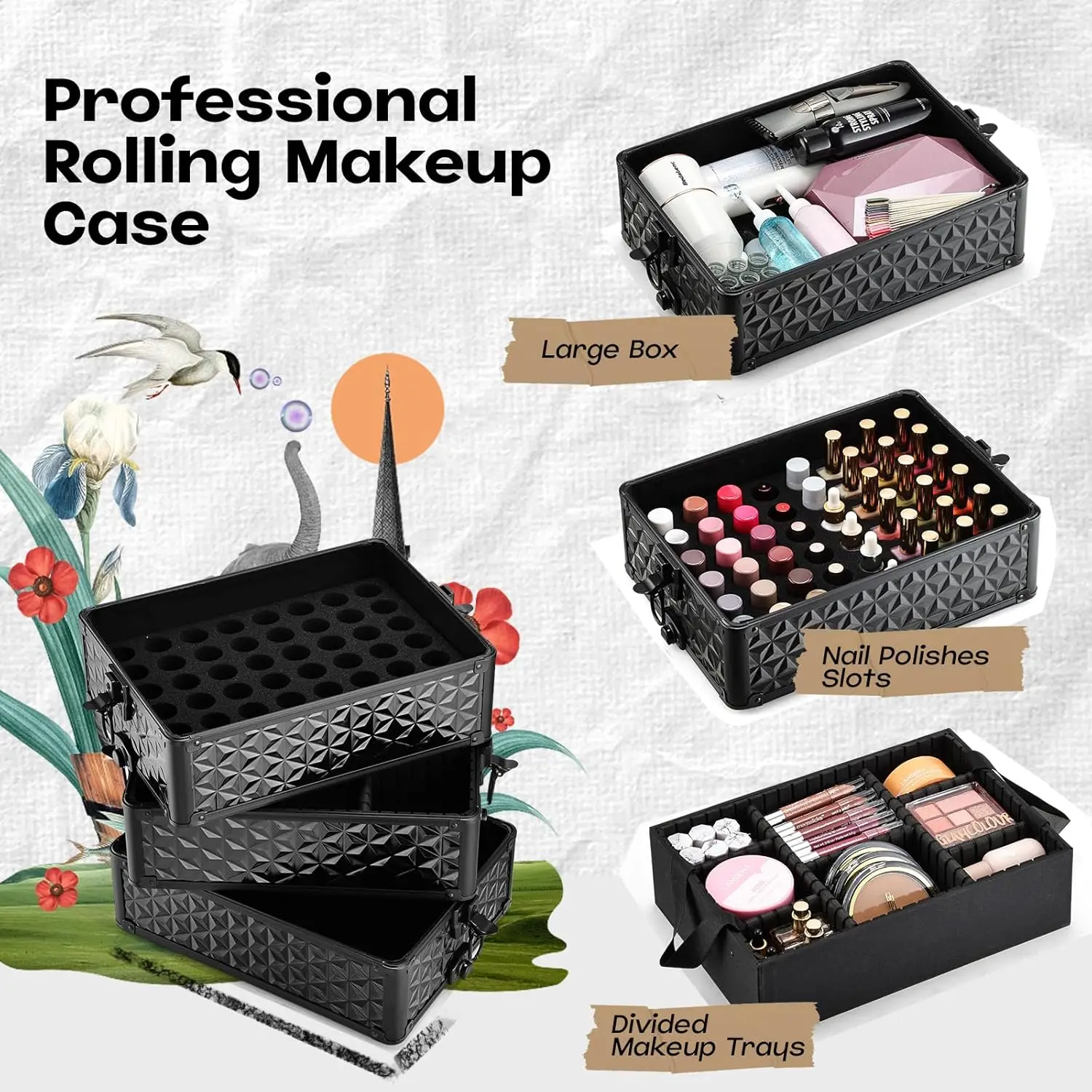 5-in-1 Rolling Makeup Case with Removable Trays, 360° Wheels & Lockable Storage - Large Black Cosmetic Organizer