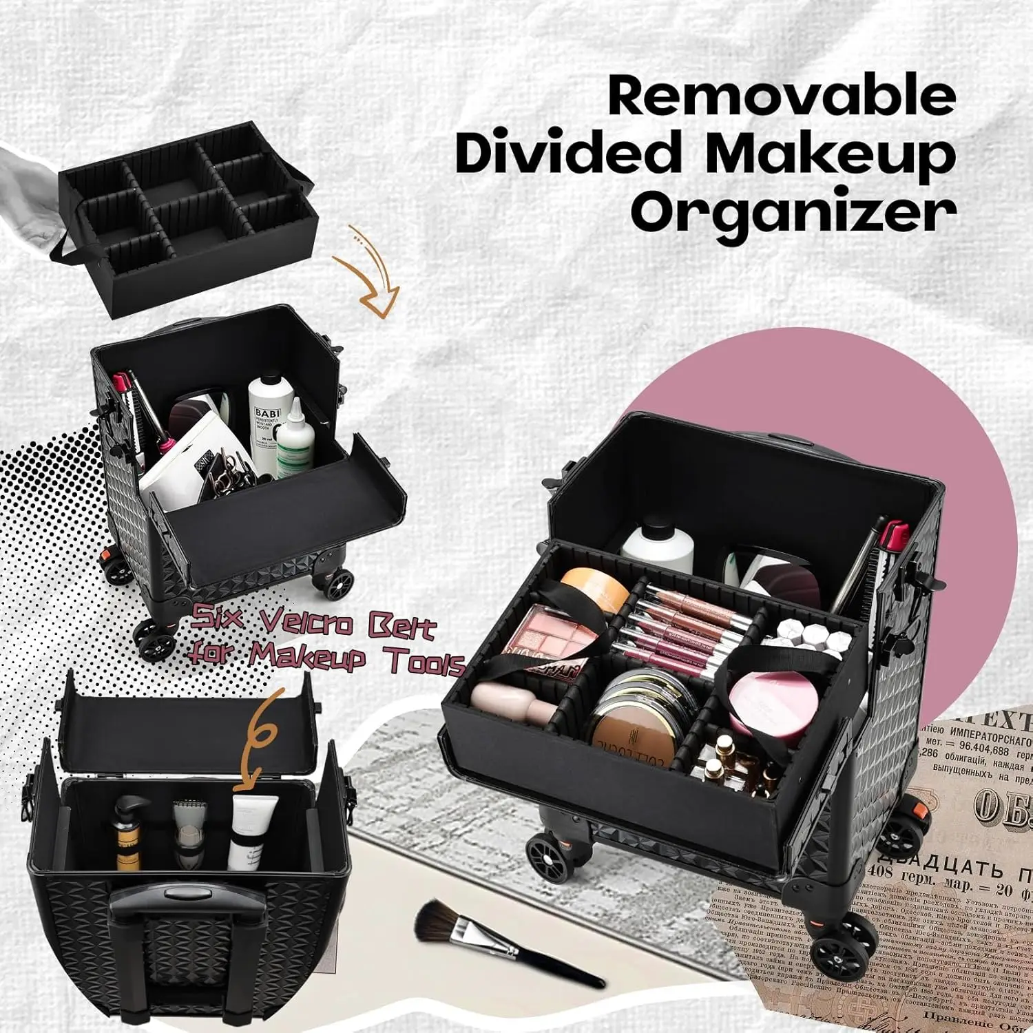 5-in-1 Rolling Makeup Case with Removable Trays, 360° Wheels & Lockable Storage - Large Black Cosmetic Organizer