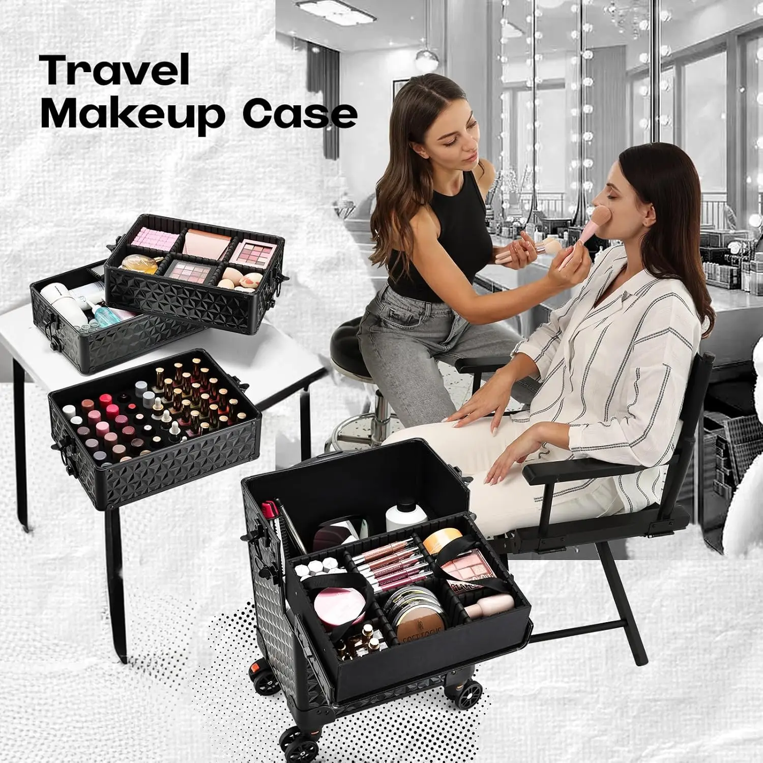 5-in-1 Rolling Makeup Case with Removable Trays, 360° Wheels & Lockable Storage - Large Black Cosmetic Organizer