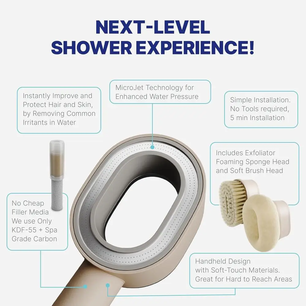 Taupe Handheld Shower Filter - High-Purity Water for Hair and Skin Care - Reduces Hair Loss, Dandruff, and Dryness