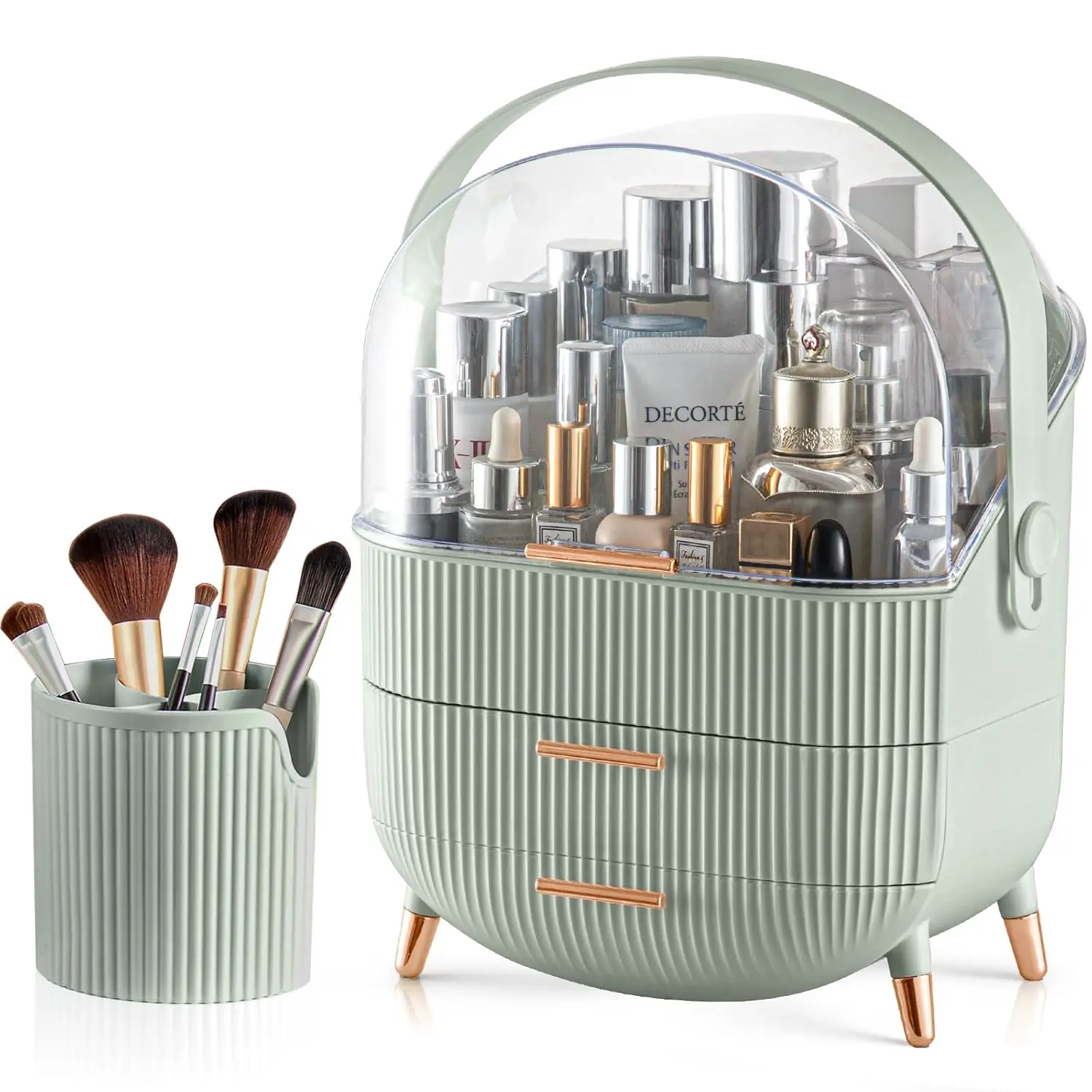 2-Drawer Makeup Organizer with Brush Storage, Transparent Cosmetic Display Case for Vanity and Bathroom (Sage Green)