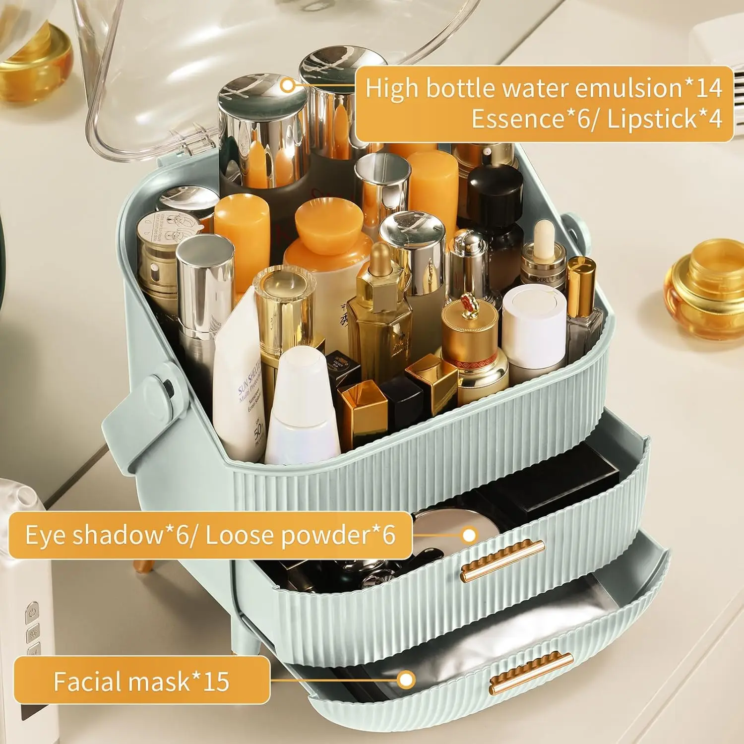 2-Drawer Makeup Organizer with Brush Storage, Transparent Cosmetic Display Case for Vanity and Bathroom (Sage Green)