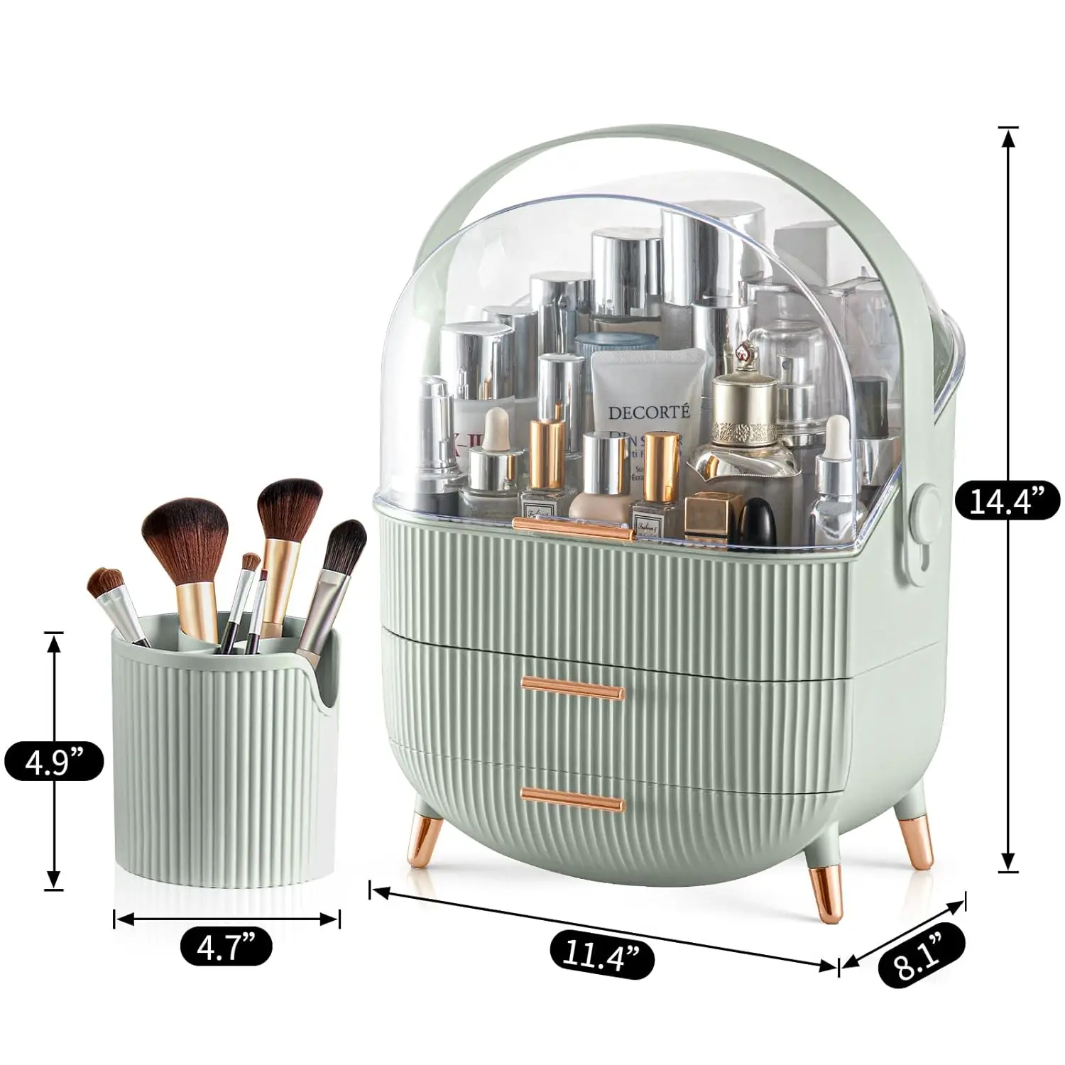 2-Drawer Makeup Organizer with Brush Storage, Transparent Cosmetic Display Case for Vanity and Bathroom (Sage Green)