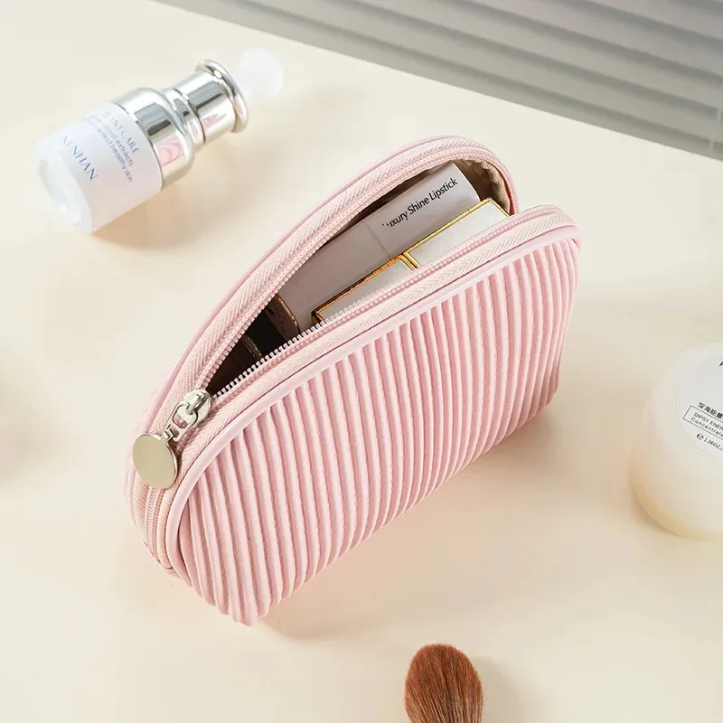 Cute Solid Color PU Leather Makeup Bag Portable Travel Toiletry Organizer for Women Cosmetic Neceser Case